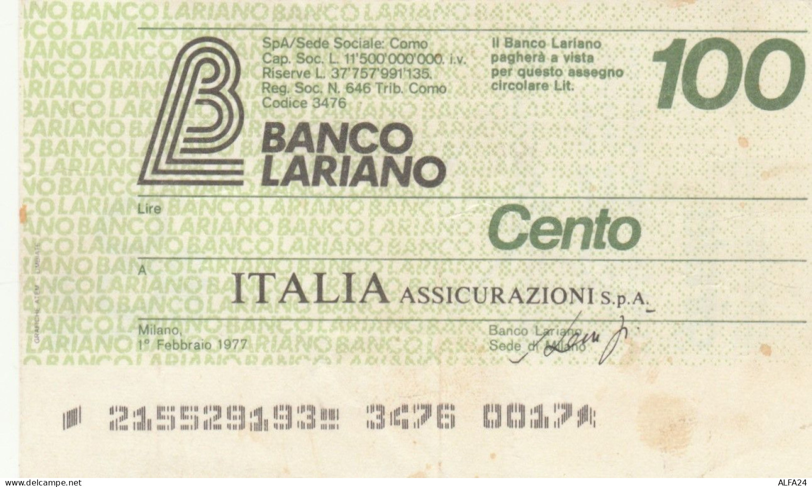 MINIASSEGNO CIRCOLATO BANCO LARIANO L.100 ITALIA ASSICURAZIONI (ZY924 - [10] Assegni E Miniassegni