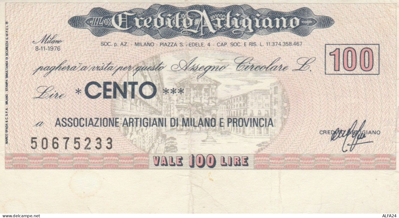 MINIASSEGNO CIRCOLATO CREDITO ARTIGIANO L.100 ASS ARTIG MI (ZY927 - [10] Assegni E Miniassegni