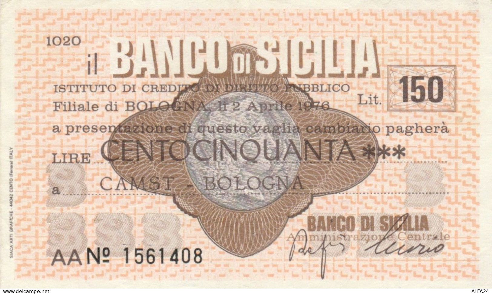 MINIASSEGNO CIRCOLATO BANCO SICILIA L.150 CAMST BO (ZY920 - [10] Assegni E Miniassegni