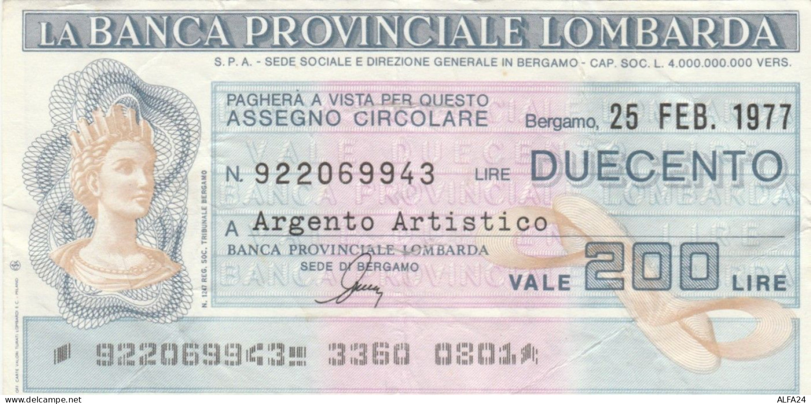 MINIASSEGNO CIRCOLATO BANCA PROV LOMBARDA L.200 ARGENTO ARTISTICO (ZY914 - [10] Assegni E Miniassegni