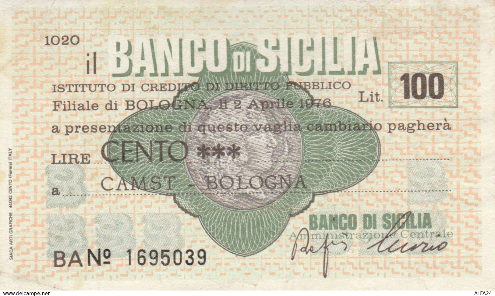 MINIASSEGNO CIRCOLATO BANCO SICILIA L.100 CAMST BO (ZY919 - [10] Assegni E Miniassegni