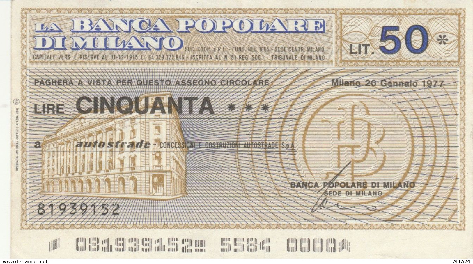 MINIASSEGNO CIRCOLATO BANCA POPOLARE MILANO L.50 AUTOSTRADE (ZY907 - [10] Assegni E Miniassegni