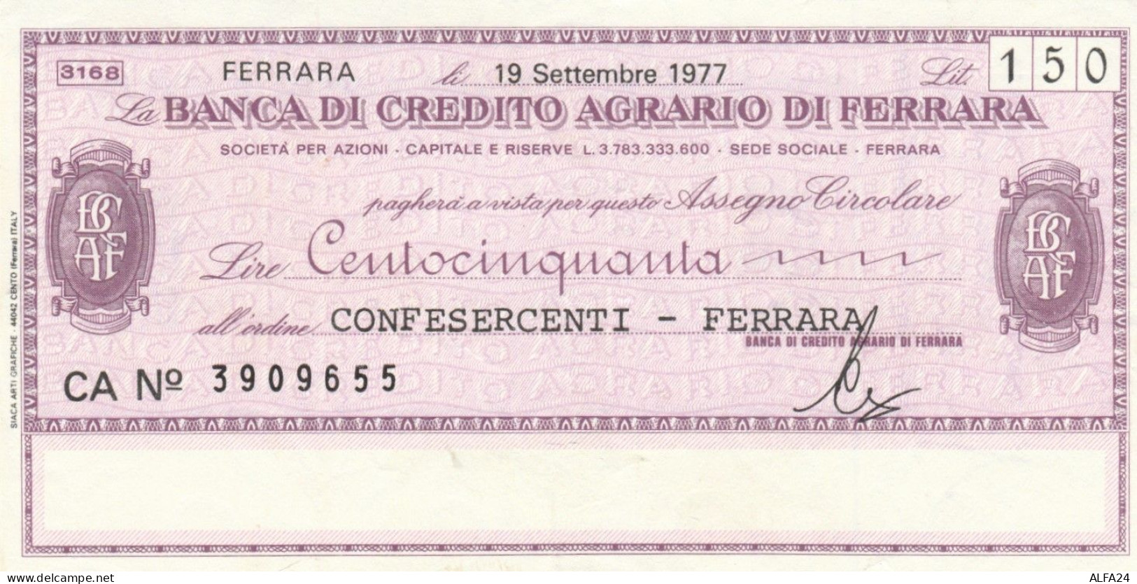 MINIASSEGNO CIRCOLATO BANCA CREDITO AGRARIO FERRARA L.150 CONFES FE (ZY904 - [10] Assegni E Miniassegni