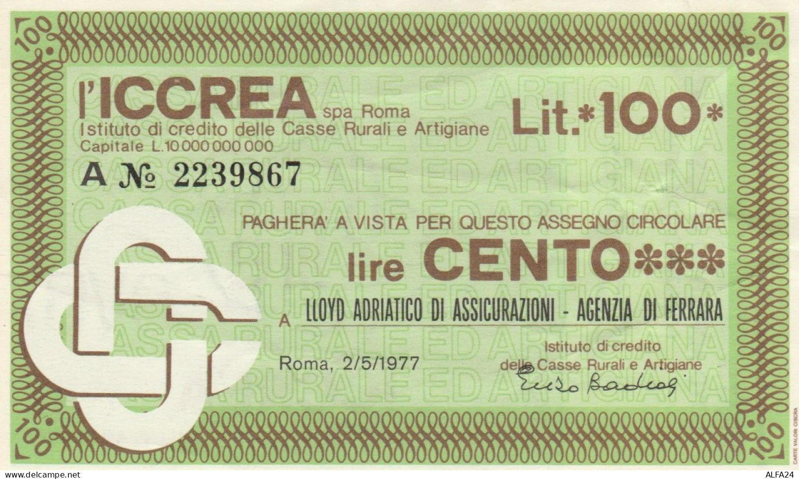 MINIASSEGNO CIRCOLATO ICCREA L.100 LLYOD ADRIATICO (ZY944 - [10] Assegni E Miniassegni