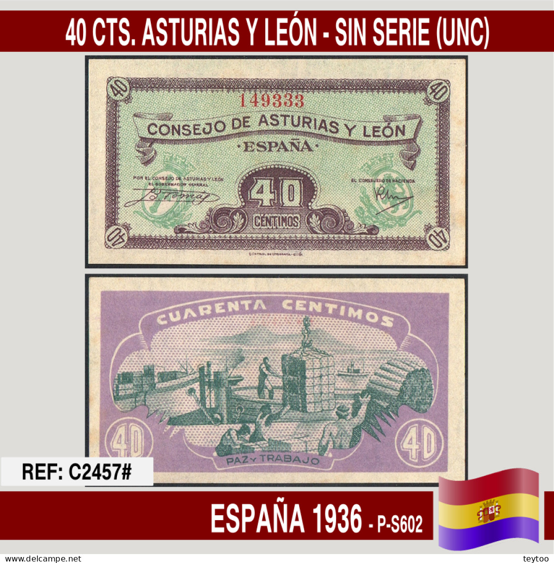 C2457# España 1936. 40 Cts. Consejo De Asturias Y León (UNC) - 1-2 Pesetas