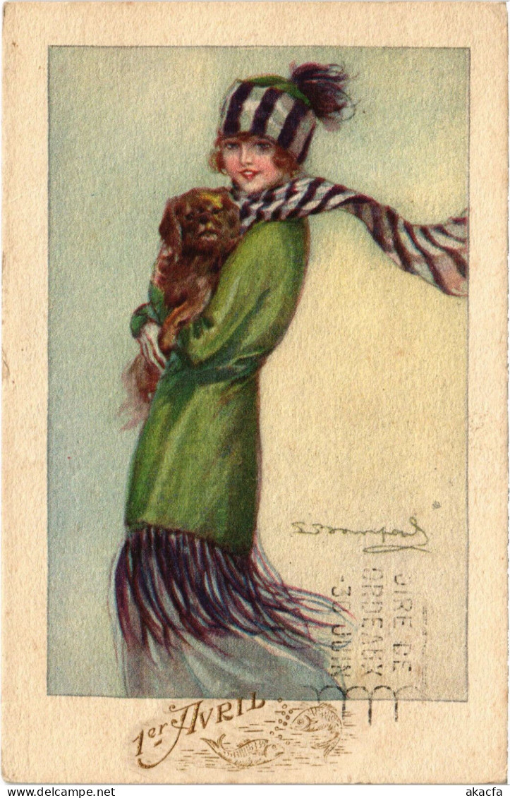 PC ARTIST SIGNED, BOMPARD, 1ER AVRIL, LADY WITH DOG, Vintage Postcard (b50944) - Bompard, S.