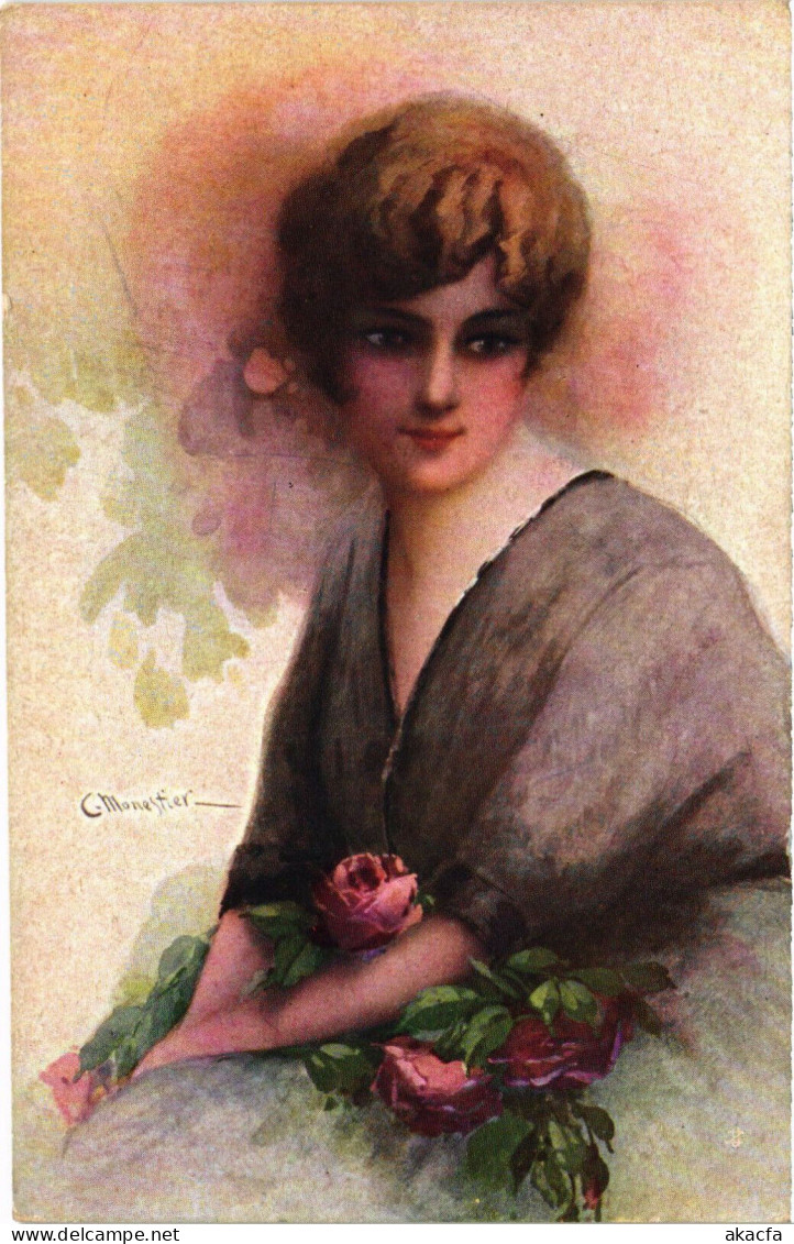 PC ARTIST SIGNED, MONESTIER, GLAMOUR LADY, FLOWERS, Vintage Postcard(b50956) - Monestier, C.