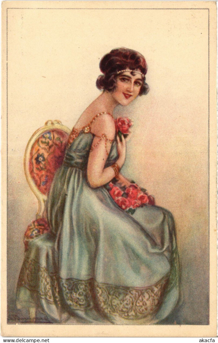 PC ARTIST SIGNED, BOMPARD, GLAMOUR LADY, FLOWERS, Vintage Postcard (b50989) - Bompard, S.