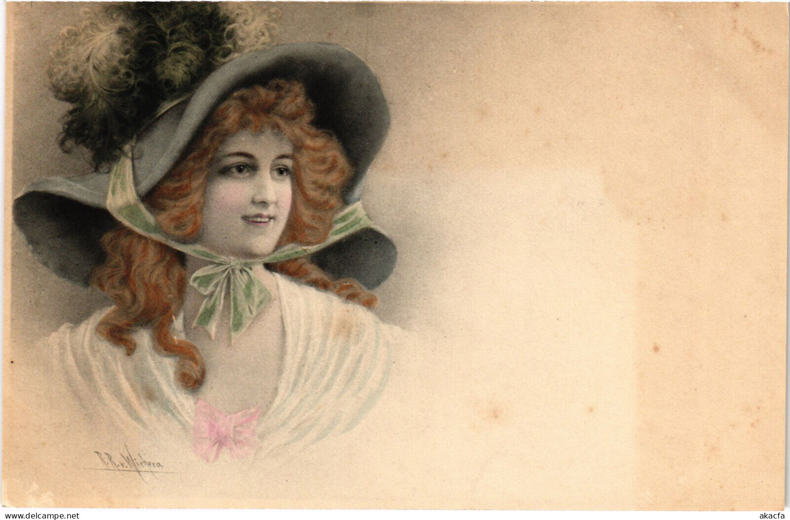 PC ARTIST SIGNED, WICHERA, GLAMOUR LADY WITH BIG HAT, Vintage Postcard (b51127) - Wichera