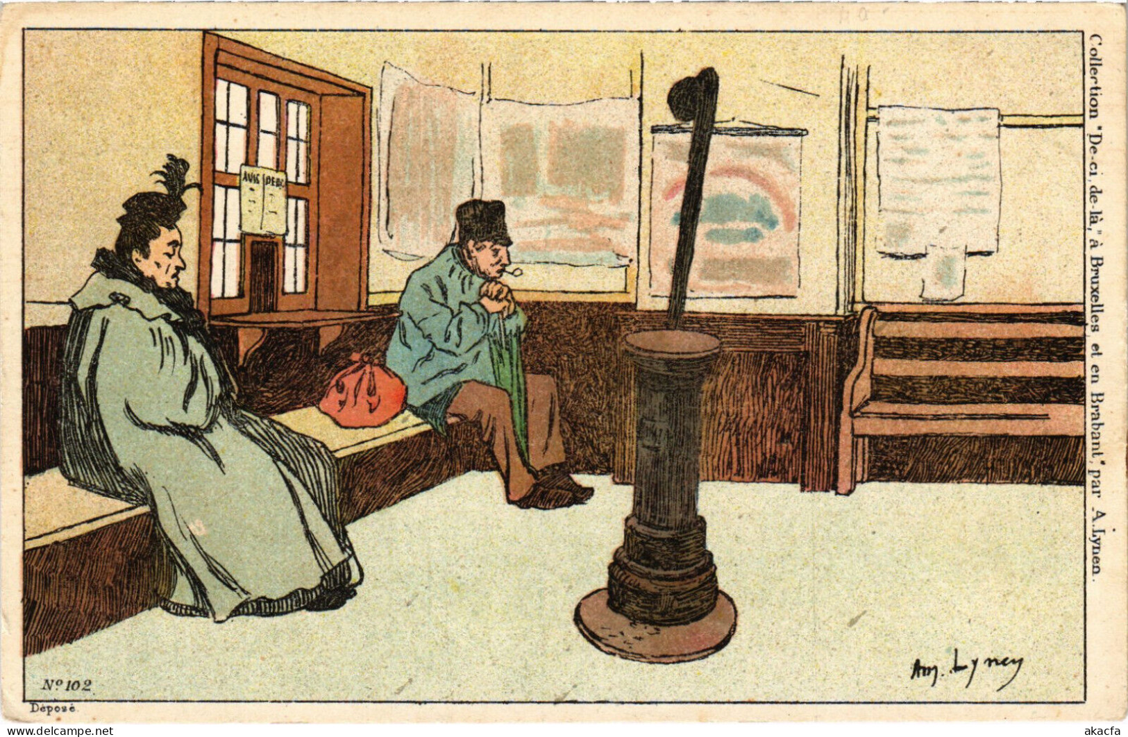 PC ARTIST SIGNED, LYNEY, TRAIN STATION WAITING ROOM, Vintage Postcard (b51132) - Lynen, Amédée-Ernest