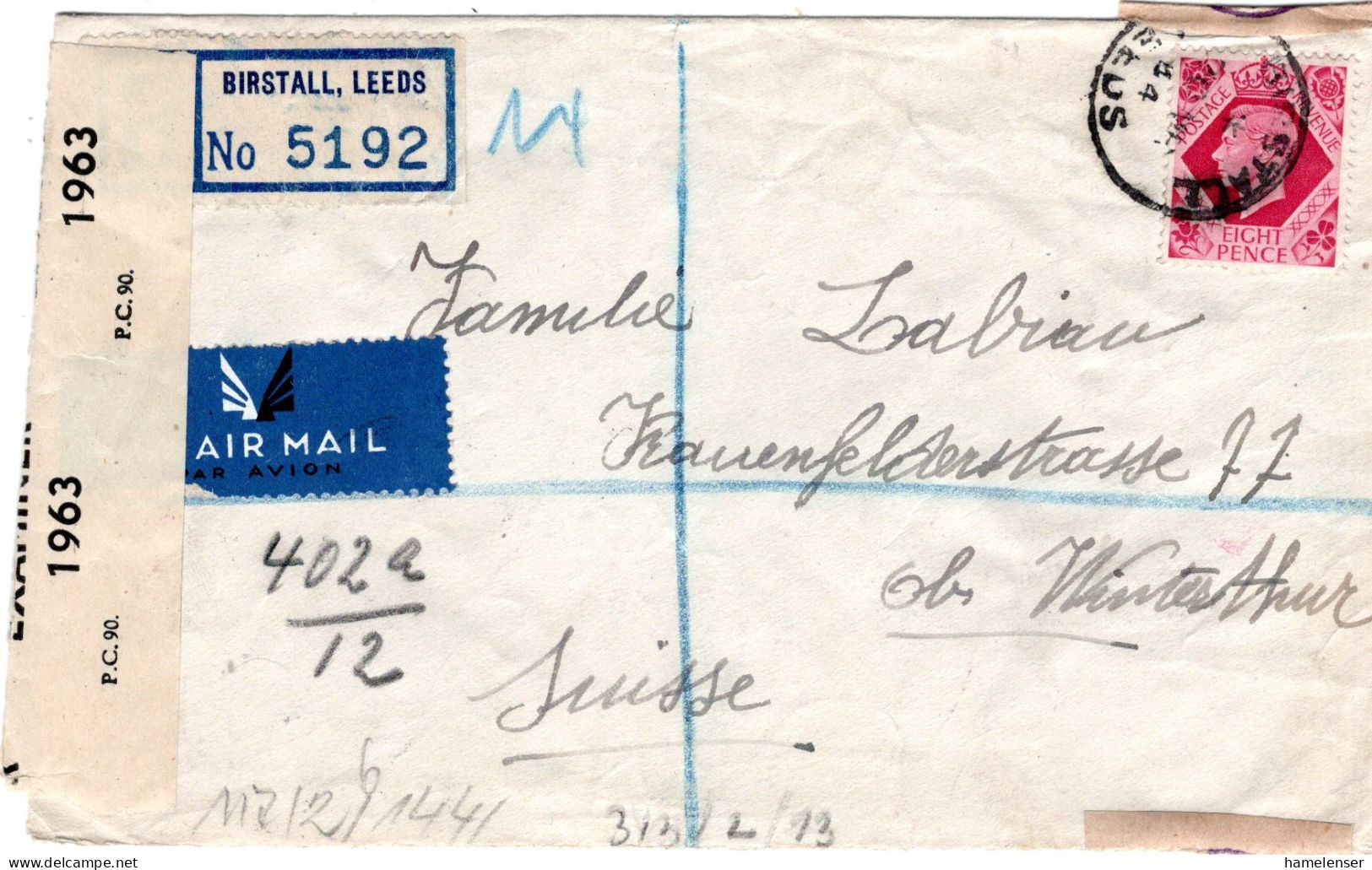73278 - Grossbritannien - 1944 - 8d KGVI EF A R-LpBf M Dt & Brit Zensur BIRSTALL -> WINTERTHUR (Schweiz) - Lettres & Documents