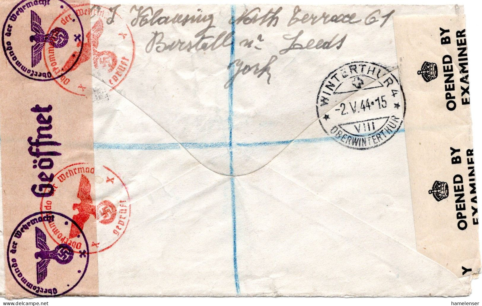 73278 - Grossbritannien - 1944 - 8d KGVI EF A R-LpBf M Dt & Brit Zensur BIRSTALL -> WINTERTHUR (Schweiz) - Covers & Documents