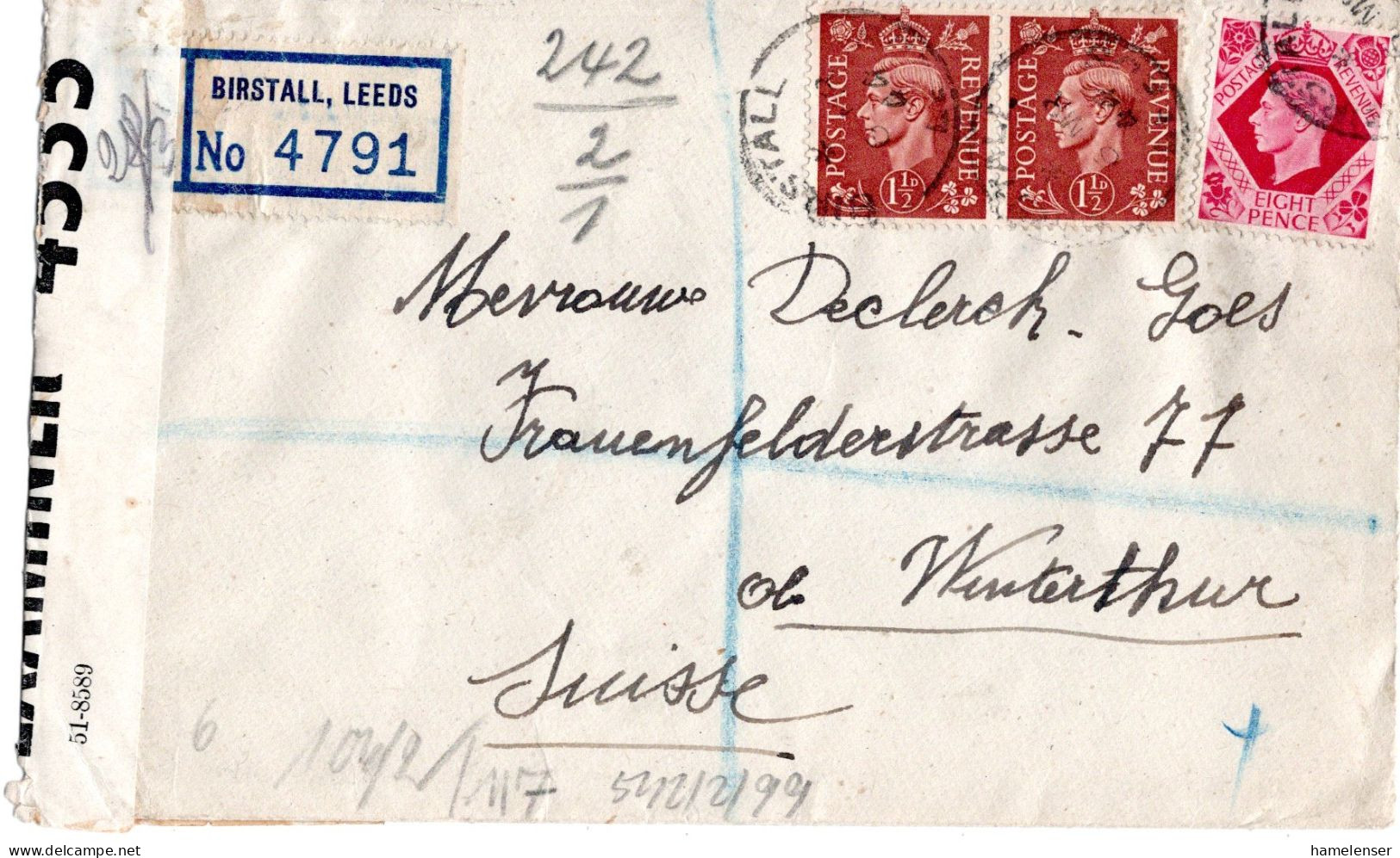 73284 - Grossbritannien - 1944 - 8d KGVI MiF A R-LpBf M Dt & Brit Zensur BIRSTALL -> WINTERTHUR (Schweiz) - Covers & Documents