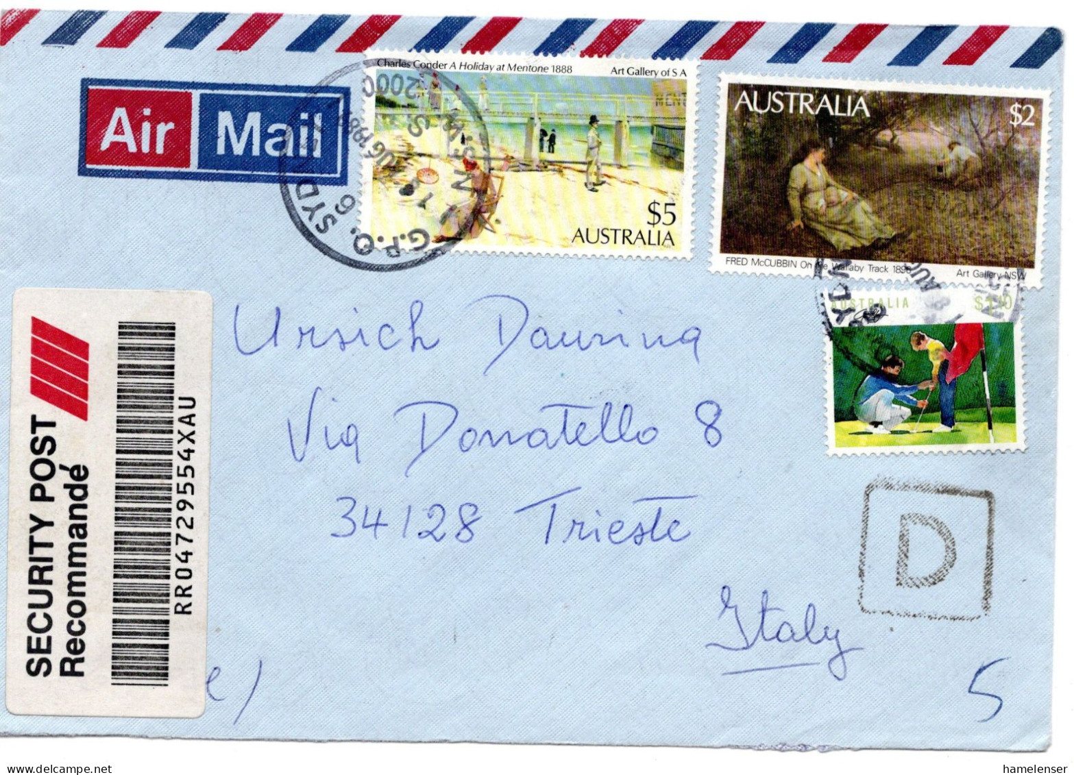 73286 - Australien - 1989 - $5 Kunstgalerie MiF A R-LpBf SYDNEY -> TRIESTE (Italien) - Briefe U. Dokumente