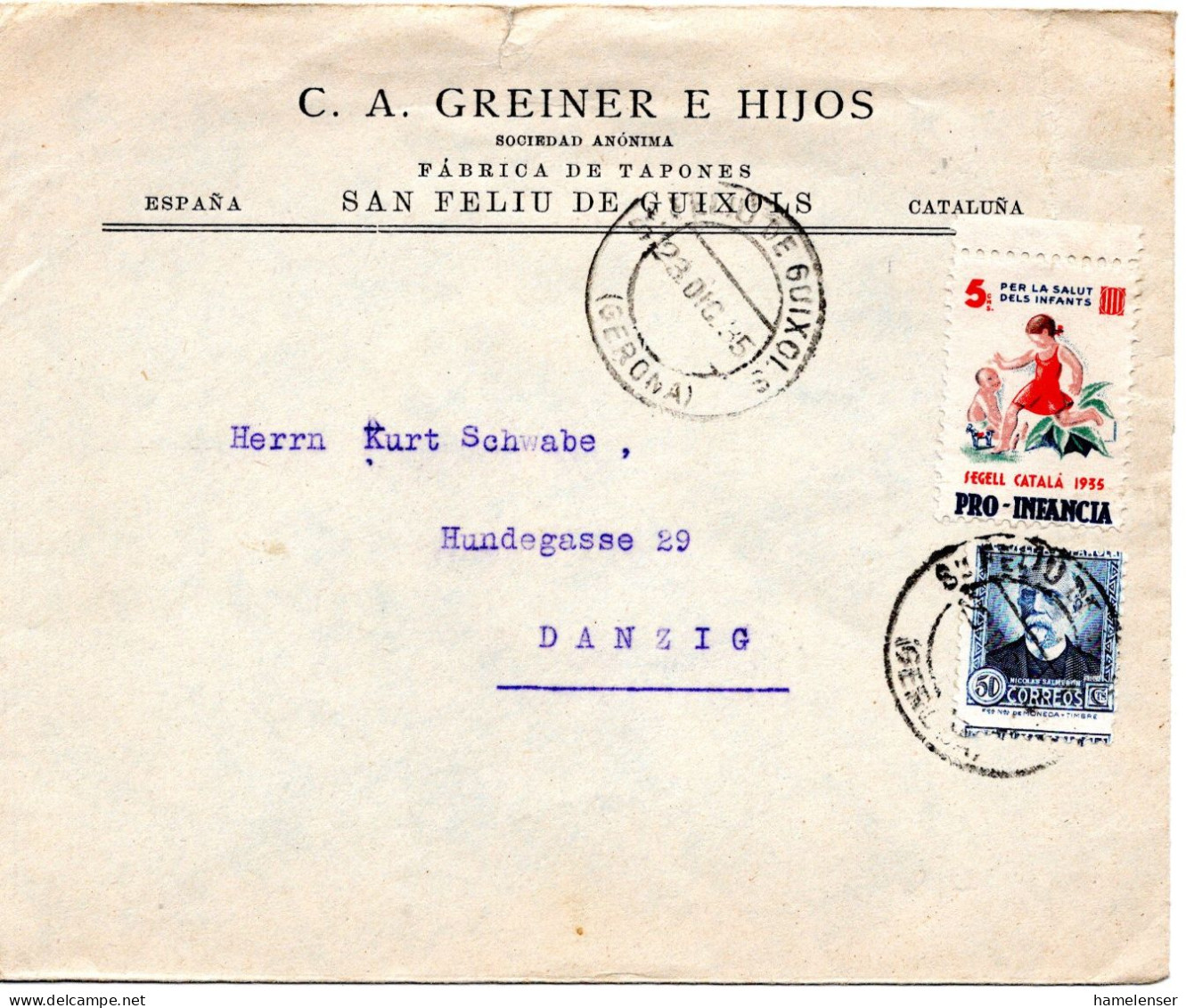 73288 - Spanien - 1935 - 50c Salmeron EF A Bf S FELIU DE GUIXOLS -> Danzig, M 5c "Pro Infancia" - Storia Postale