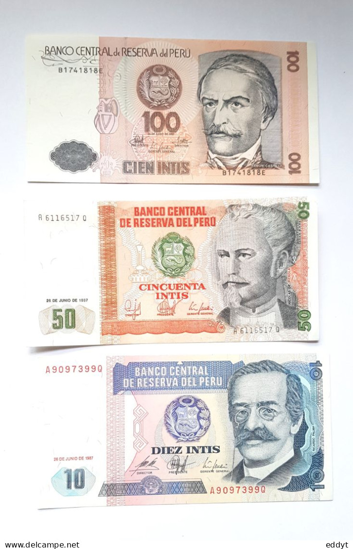 3 BILLETS Du PEROU - 100 Cien Intis/ 50 Cincuenta  / 10 Diez Intis  - NEUFS - Perù