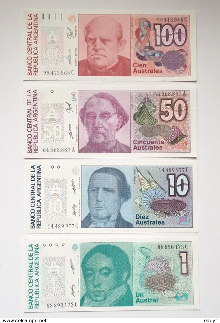 4 BILLETS ARGENTINE - 100 / 50 / 10 / 1 Austral  - NEUFS - Perù