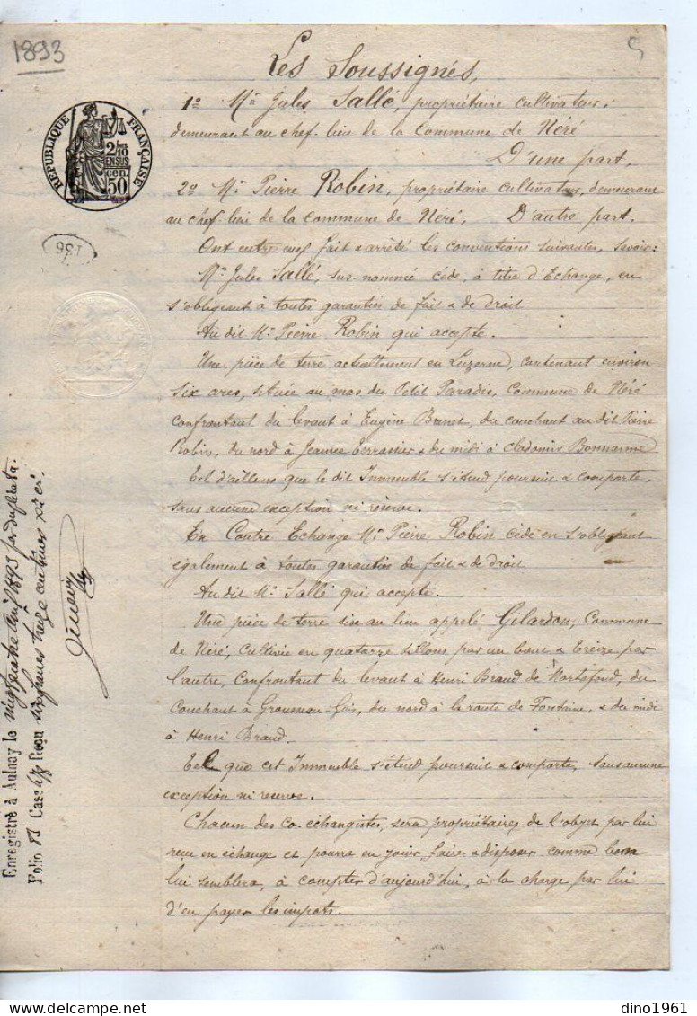 VP22.752 - AULNAY - Acte De 1893 - Vente De Terre Sise à NERE Par M. Jules SALLE à M. Pierre ROBIN - Manuscripts