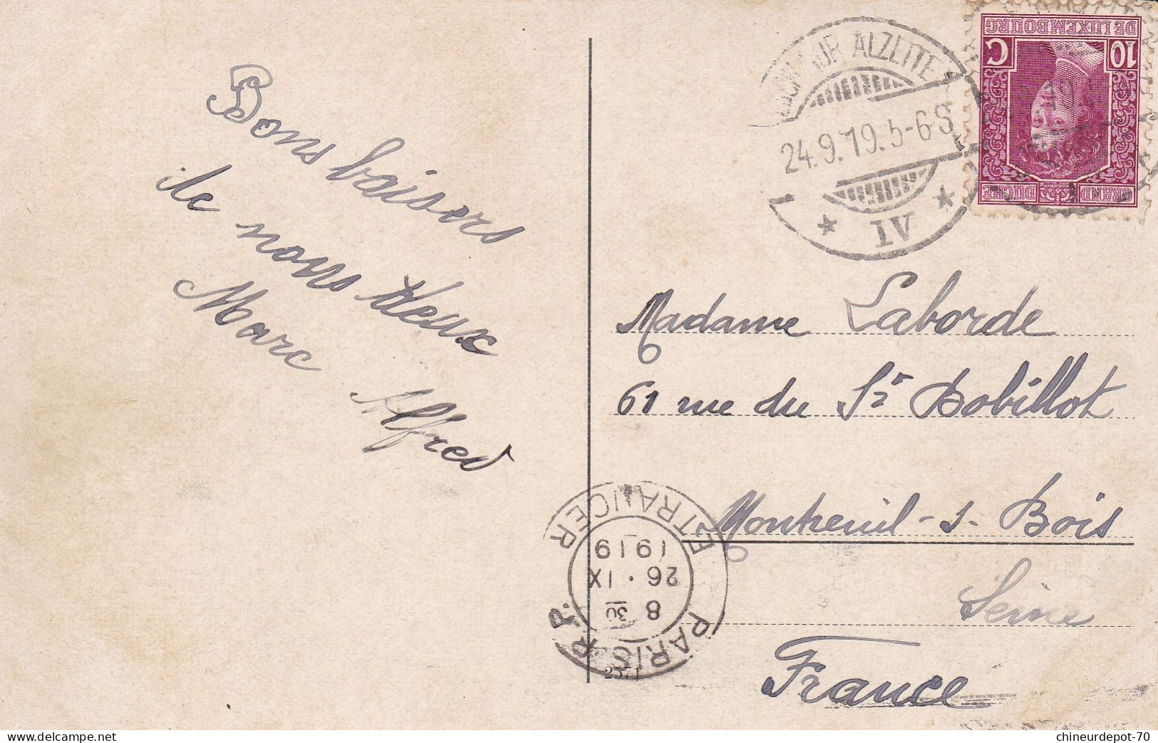 Gruß Aus Esch A. D. Alz. Total Cachet 1919 Paris - Esch-Alzette