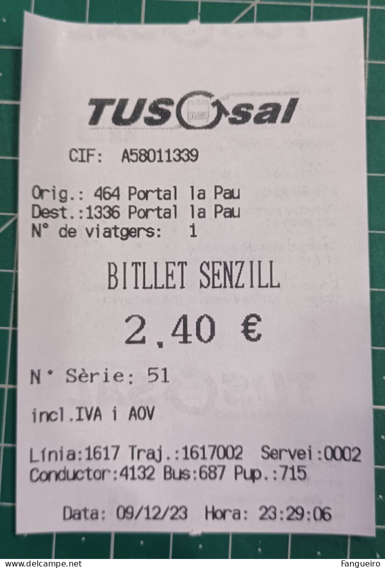 SPAIN  BUS TICKET BARCELONA TUS SAL - Europa