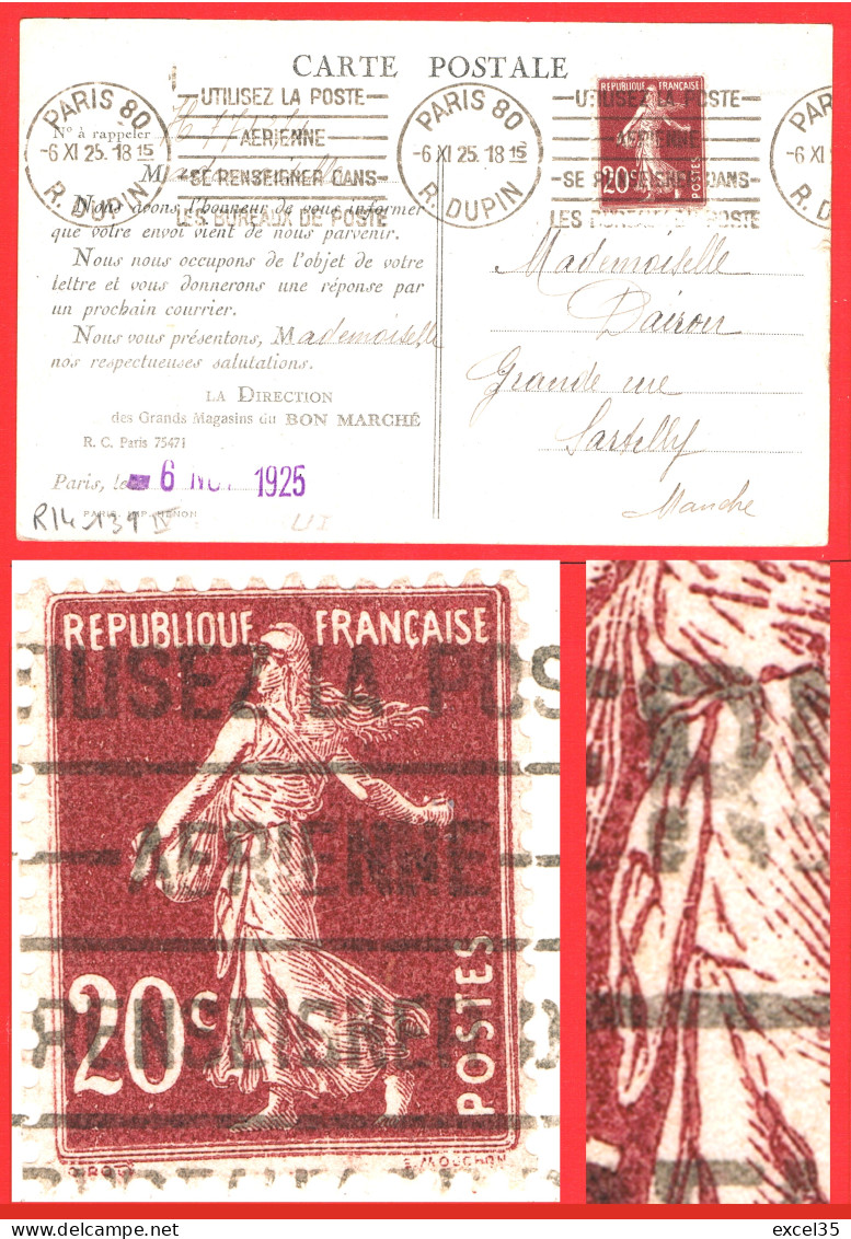 Semeuse 20c Type IV (roulette) Yvert 139 Seul Sur CPA Au Bon Marché Voyagée 6/11/25 Flamme En Roulette - Cartas & Documentos