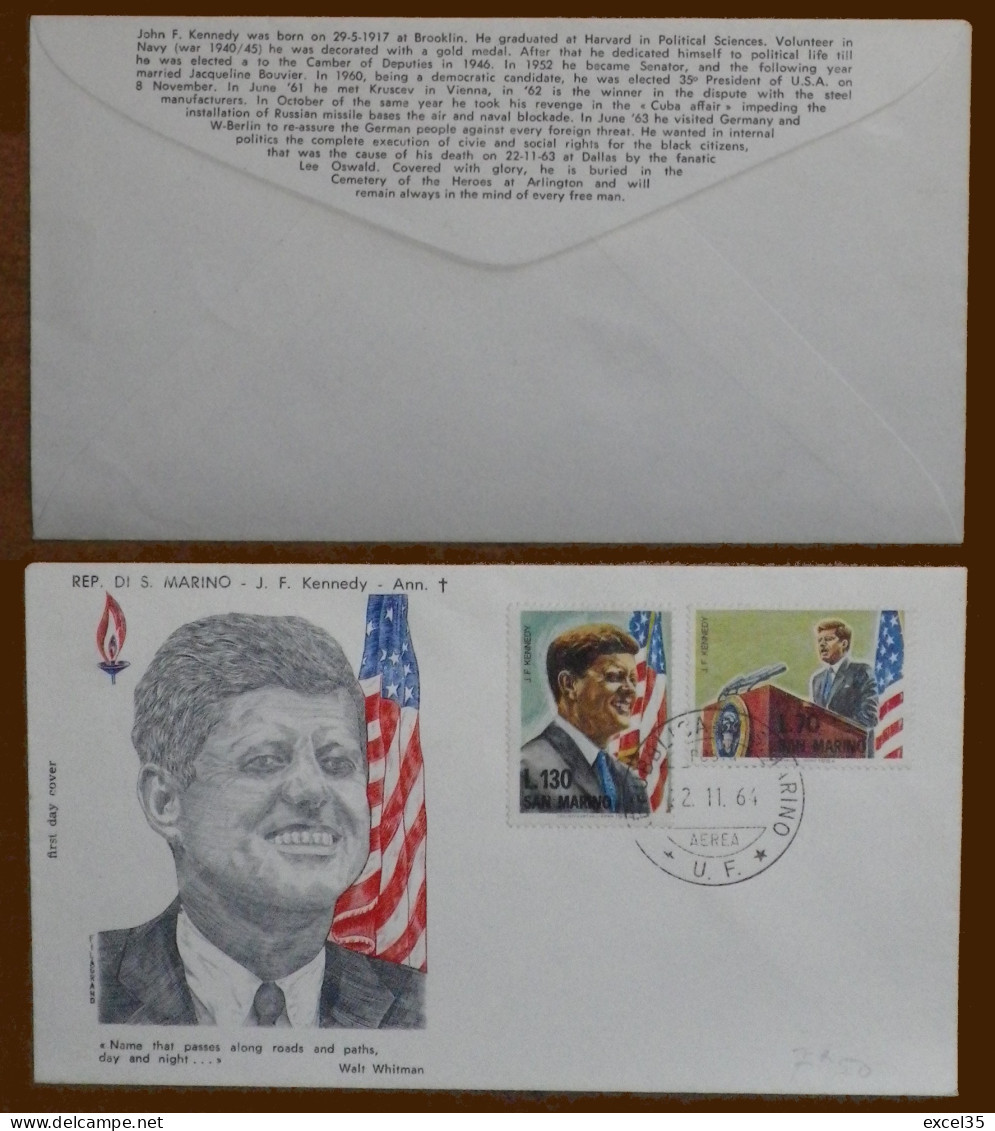 1er Anniversaire De L'assassinat Du Président Des USA John Fitzgerald KENNEDY - Enveloppe Commémorative Avec Son Cursus  - Briefe U. Dokumente