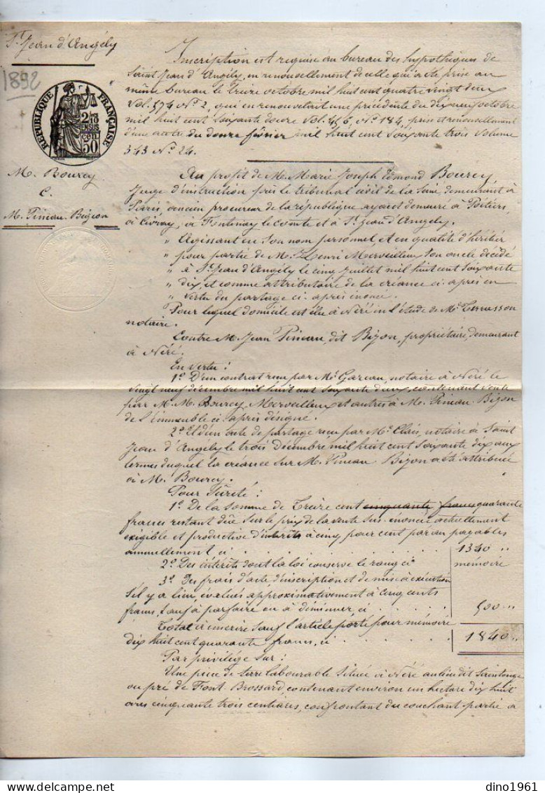 VP22.756 - SAINT JEAN D'ANGELY - Acte De 1892 - M. BOURCY,Juge D'Instruction à PARIS Contre M. PINEAU, Dit BIGEON à NERE - Manuscrits