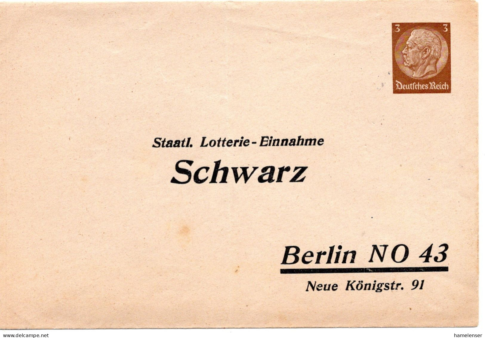 73295 - Deutsches Reich - 1935 - 3Pfg Hindenburg PGAUmschlag "Lotterie-Einnahme Schwarz", Ungebraucht - Private Postal Stationery