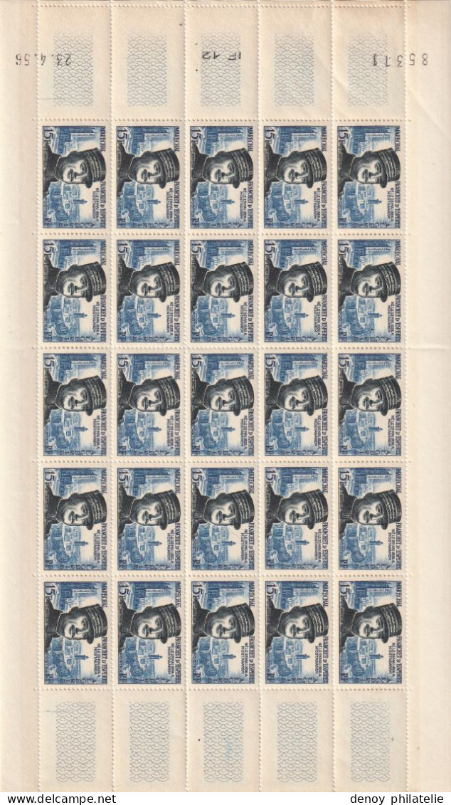 Feuille De 25 CD 23.4.56 Du N° 336 "Maréchal Franchet D'Esperey" 15f Bleu Et Bleu-noir - Unused Stamps