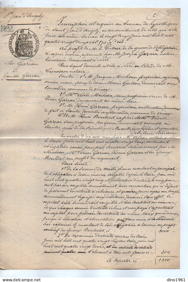 VP22.757 - SAINT JEAN D'ANGELY - Acte De 1892 - Me GAZEAU, Notaire Honoraire à NERE Contre Famille GAZEAU à VINAY - Manuscripts