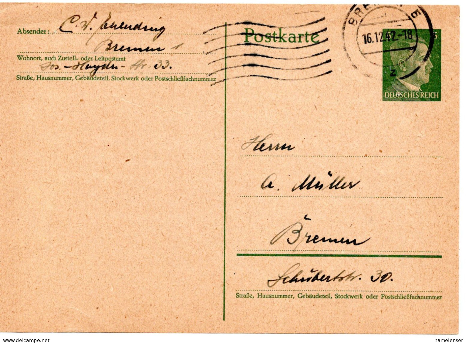 73299 - Deutsches Reich - 1942 - 5Pfg Hitler GAKte BREMEN - Postcards