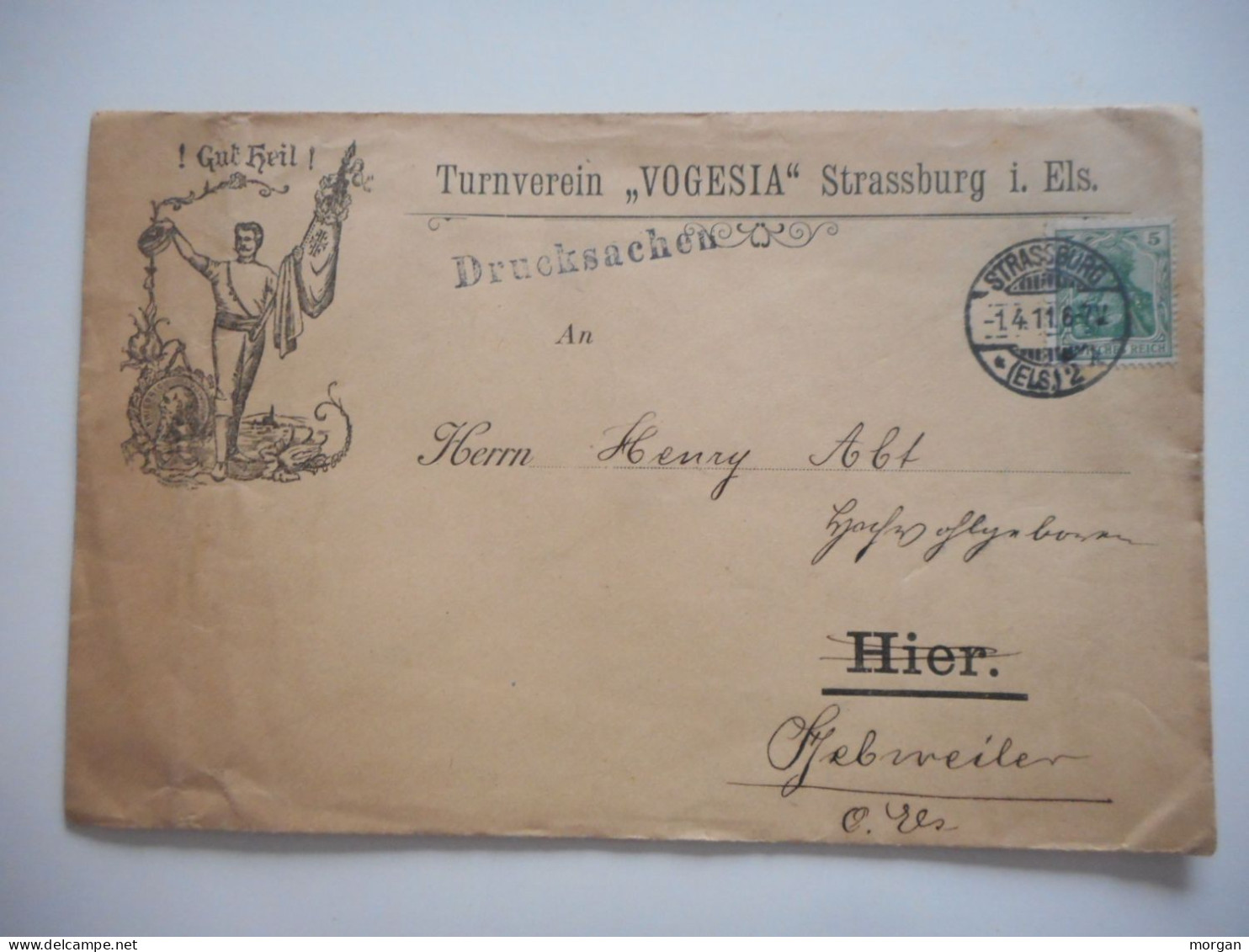 ENVELOPPE ALSACE, STRASBOURG TURNVEREIN VOGESIA 1911 POUR GUEBWILLER  COMMERCIALE - Collections (sans Albums)
