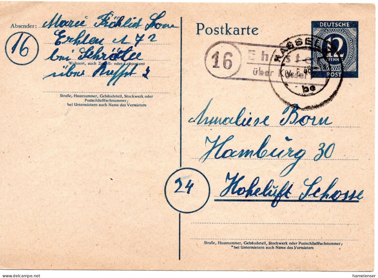 73301 - Alliierte Besetzung - 1948 - 12Pfg Ziffer GAKte Landpoststpl EHRSTEN -> KASSEL -> Hamburg - Postal  Stationery
