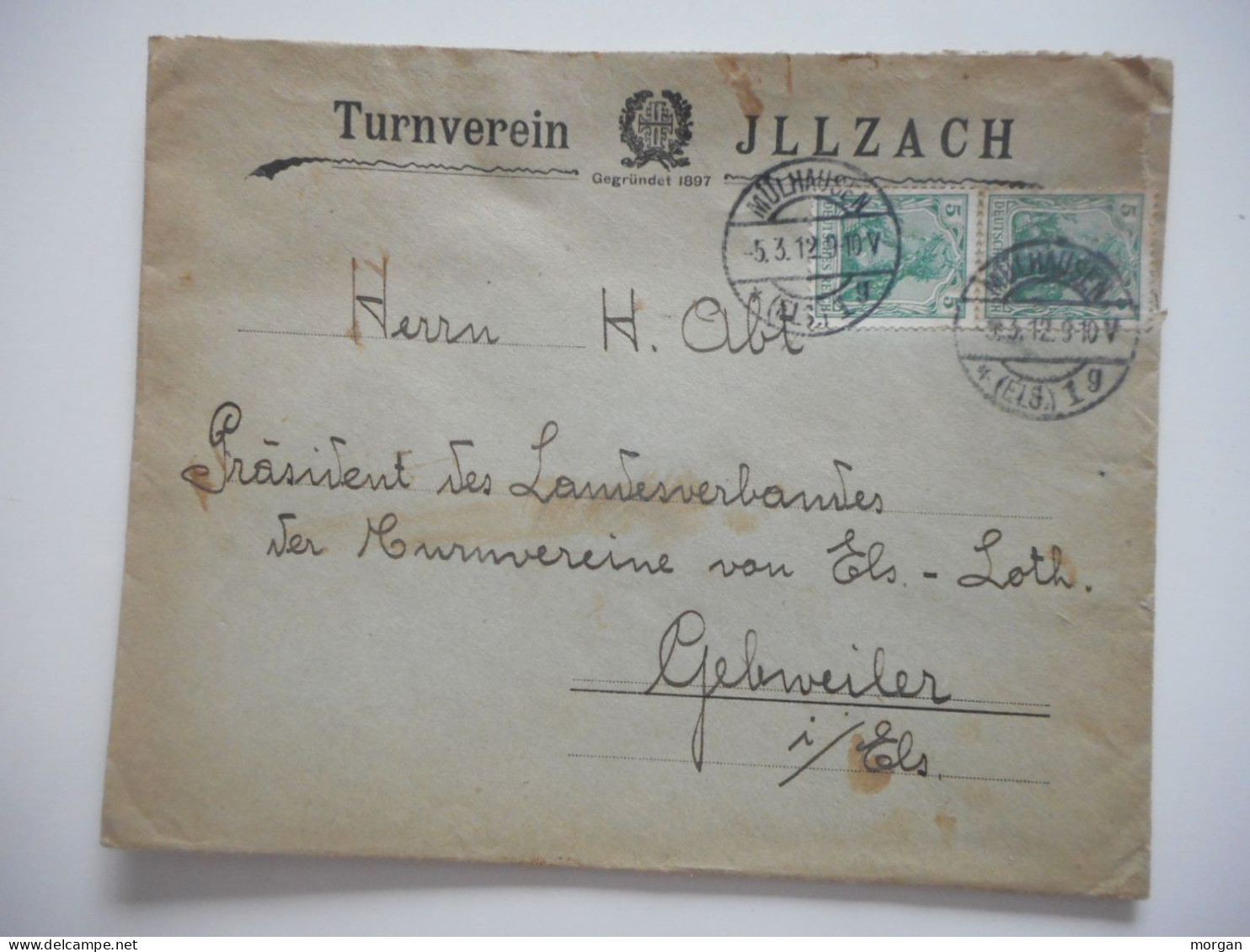 ENVELOPPE ALSACE, ILLZACH TURNVEREIN 1912  POUR GUEBWILLER  COMMERCIALE - Collections (sans Albums)