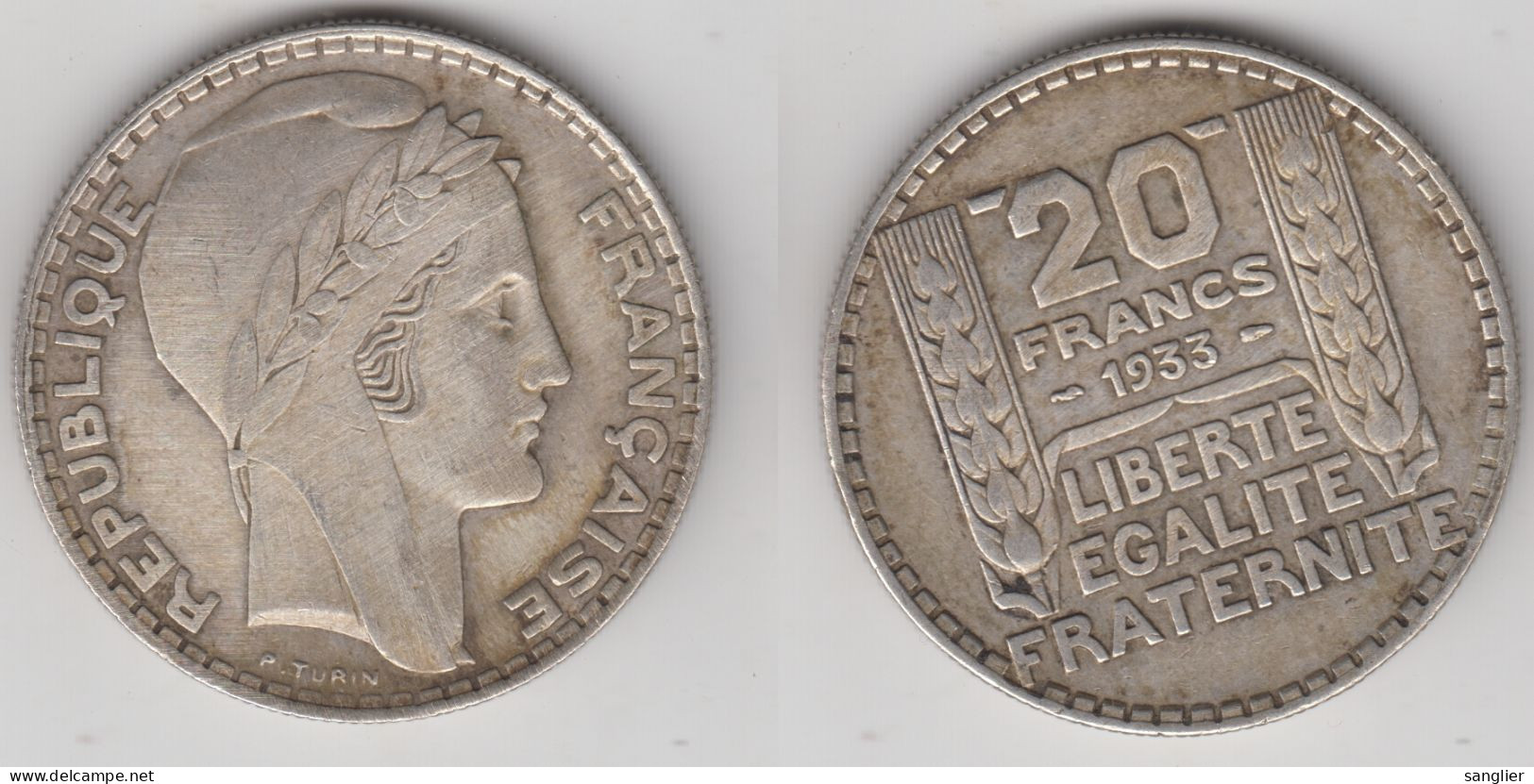 20 FRS 1933 - RAMEAUX COURTS - TURIN - ARGENT - 20 Francs