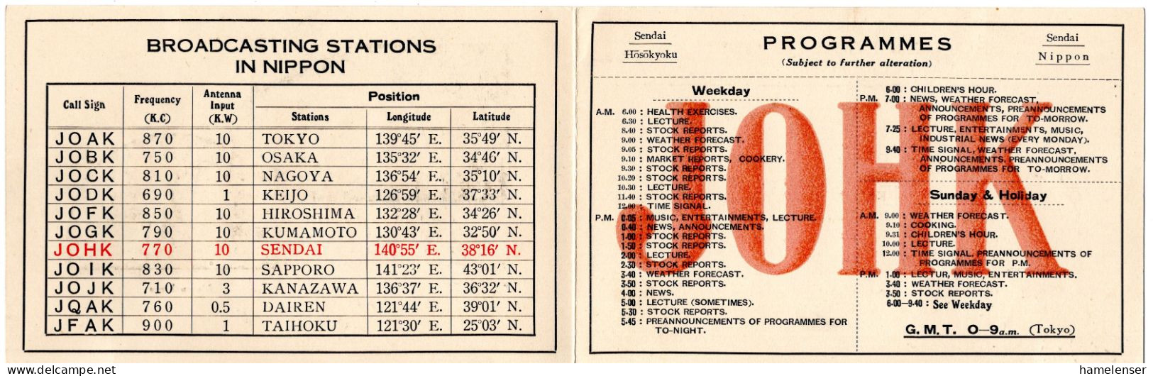 73302 - Japan - Ca 1935 - JOHK Programmkarte Des Radiosenders Sendai - Programmes