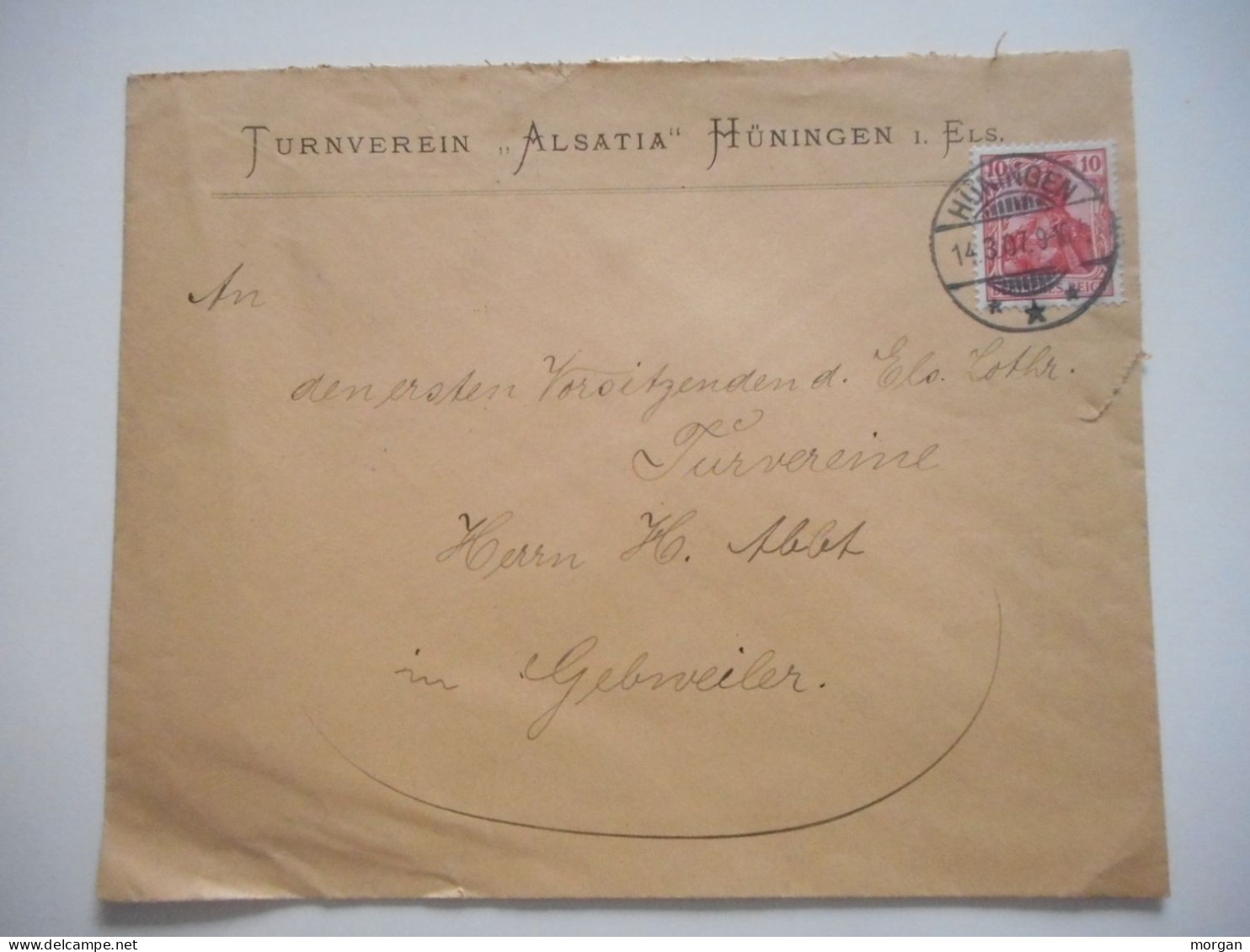 ENVELOPPE ALSACE, TURNVEREIN ALSATIA HUNINGEN 1907 POUR GUEBWILLER  COMMERCIALE - Collections (sans Albums)