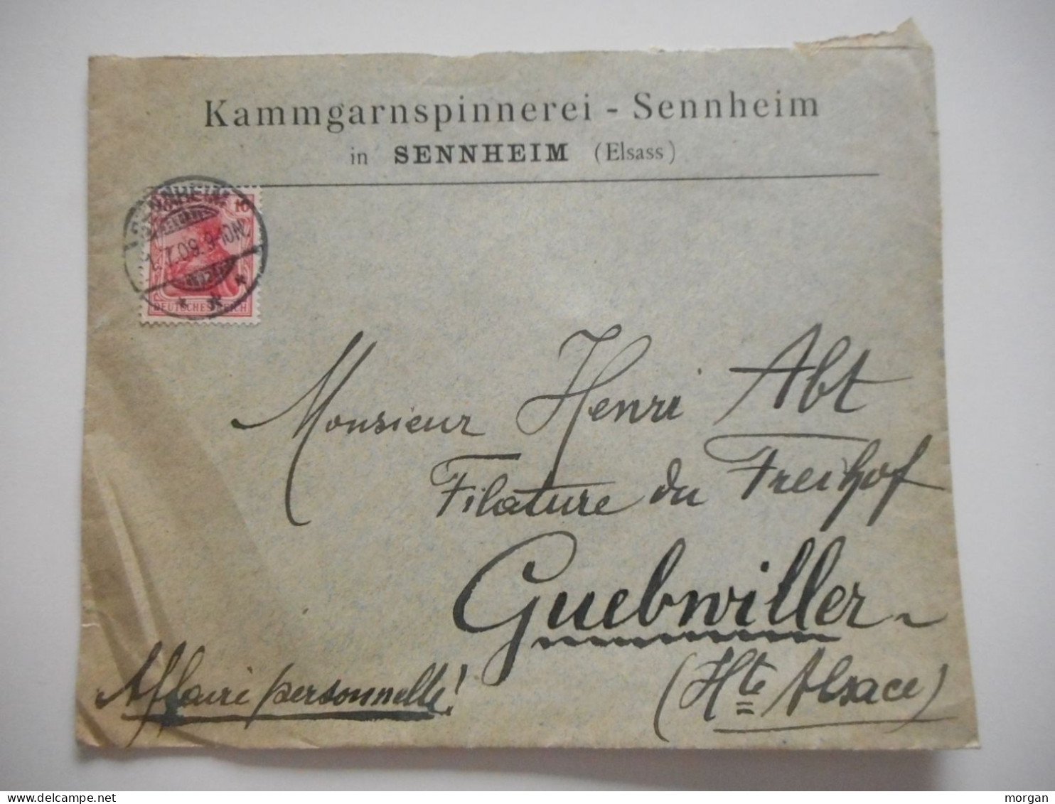 ENVELOPPE ALSACE, SENNHEIM KAMMGARNSPINNEREI 1909 POUR GUEBWILLER  COMMERCIALE - Collections (sans Albums)