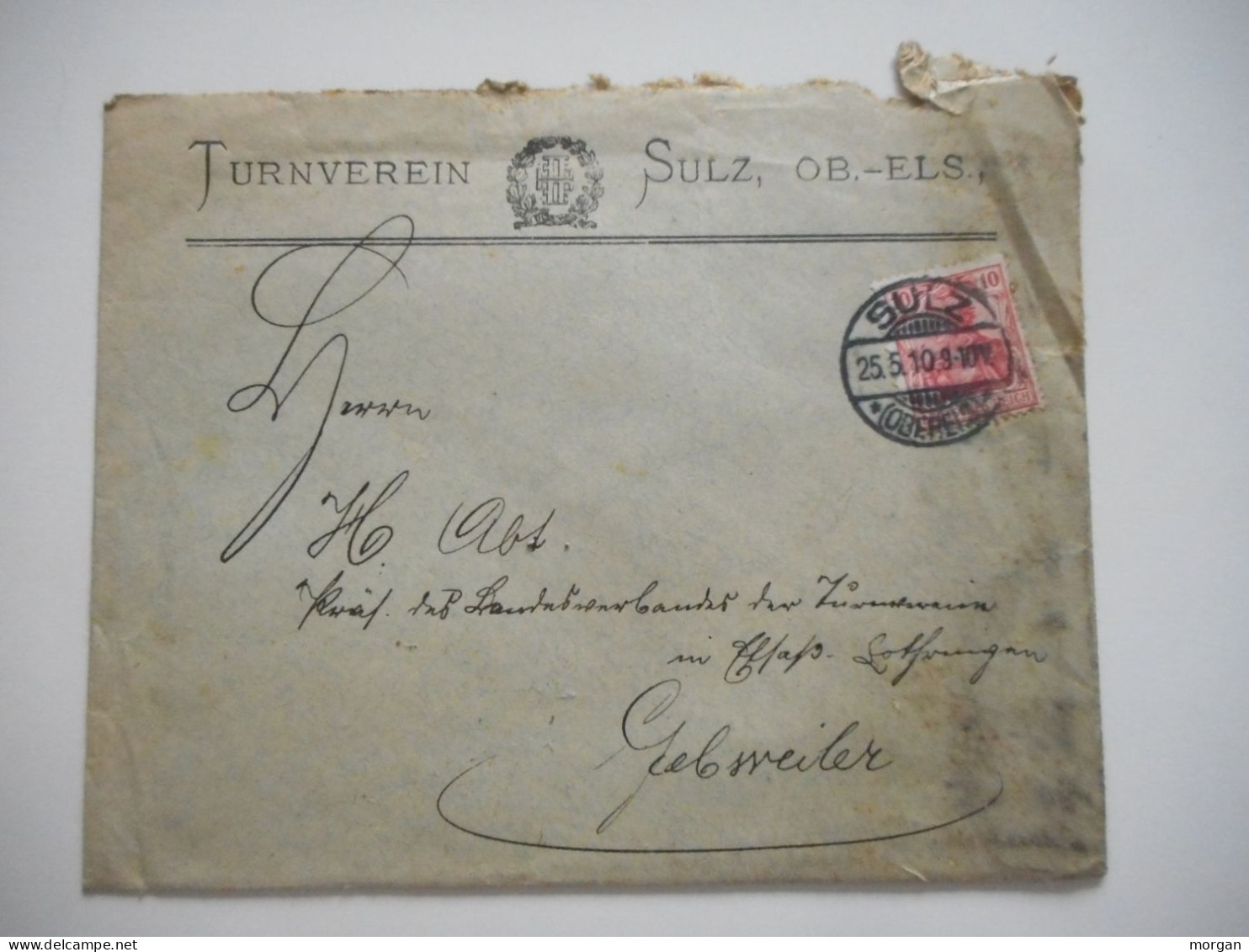 ENVELOPPE ALSACE, SULZ  TURNVEREIN SULZ 1910 POUR GUEBWILLER  COMMERCIALE - Collections (sans Albums)