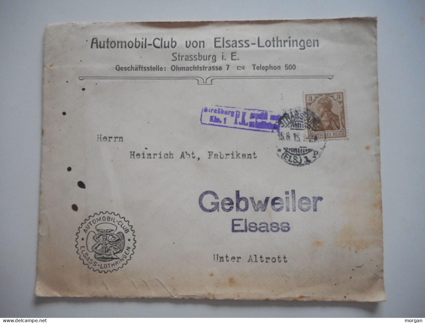 ENVELOPPE ALSACE, STRASBOURG AUTOMILE CLUB D'ALSACE LORRAINE 1915 POUR GUEBWILLER  COMMERCIALE - Collections (sans Albums)