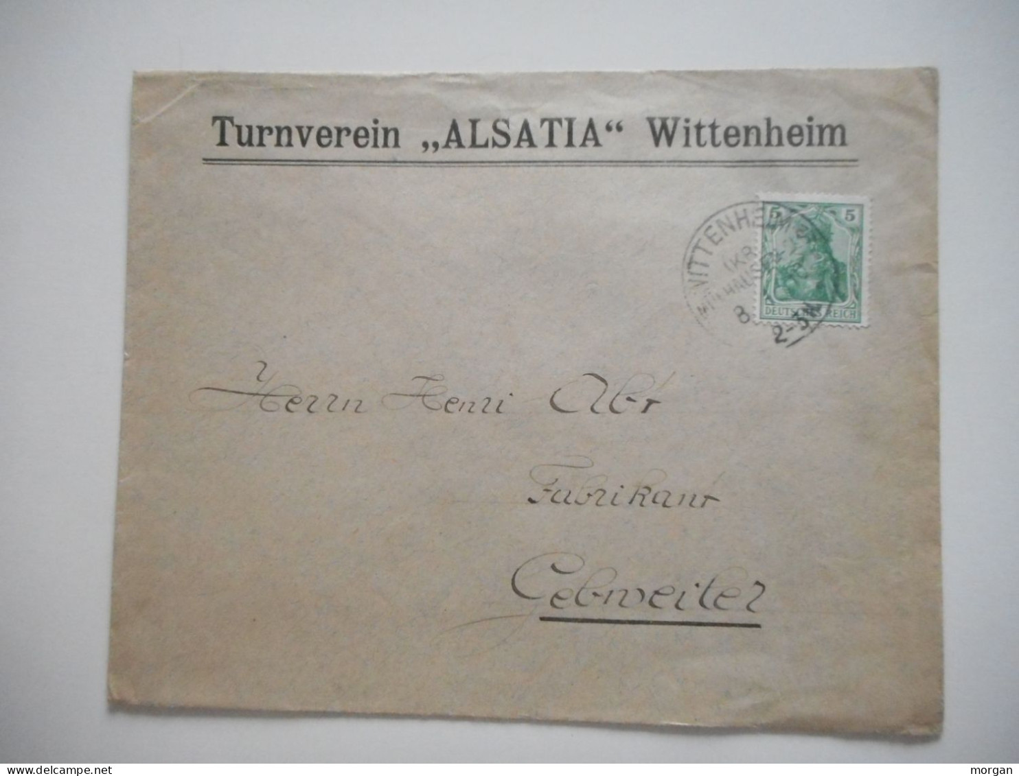 ENVELOPPE ALSACE, WITTENHEIM TURNVEREIN ALSATIA 1908 POUR GUEBWILLER  COMMERCIALE - Collections (sans Albums)