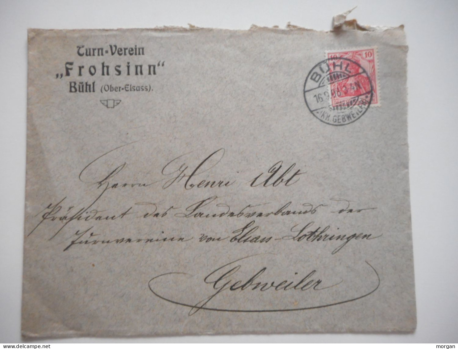 ENVELOPPE ALSACE, BUHL, TURNVEREIN FROHSINN 1908 POUR GUEBWILLER  COMMERCIALE - Collections (sans Albums)