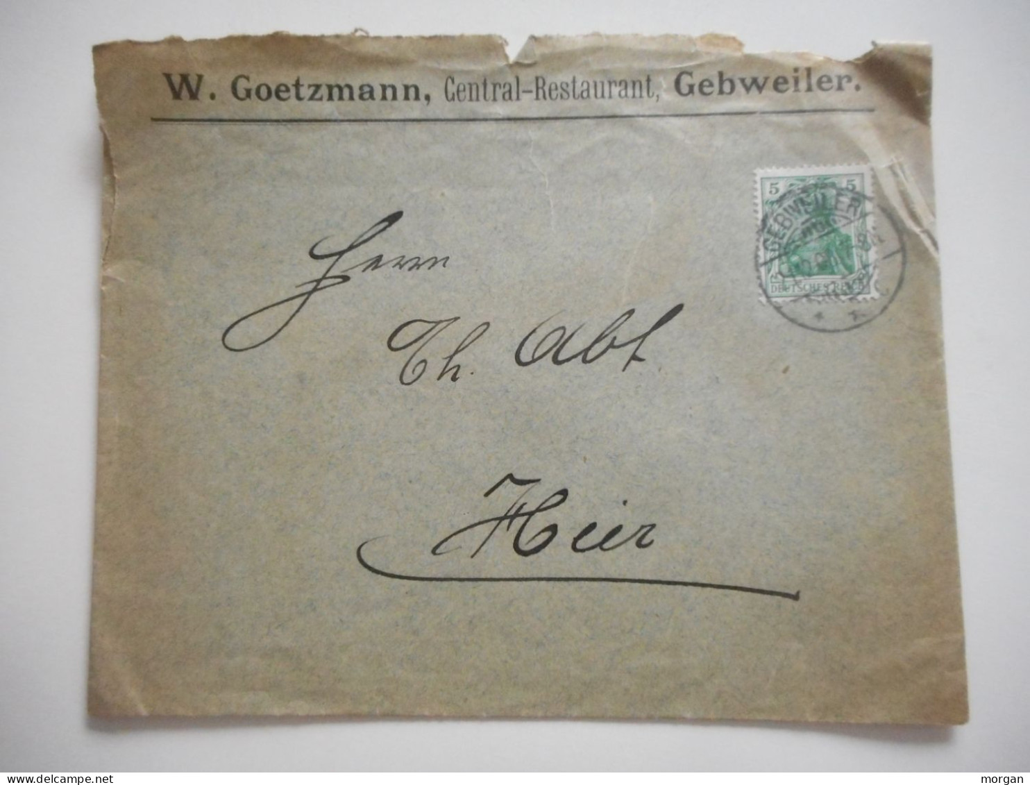 ENVELOPPE ALSACE, GUEBWILLER  RESTAURANT CENTRAL W. GOETZMANN 1907  COMMERCIALE - Collections (sans Albums)