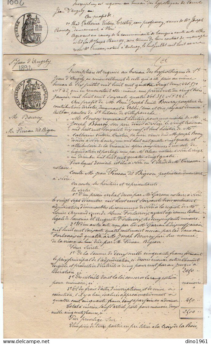 VP22.759 - SAINT JEAN D'ANGELY - 2 Actes De 1882 / 92 - M. BOURCY, Percepteur à ABLIS Contre M. PINEAU Dit BIGEON à NERE - Manuscrits