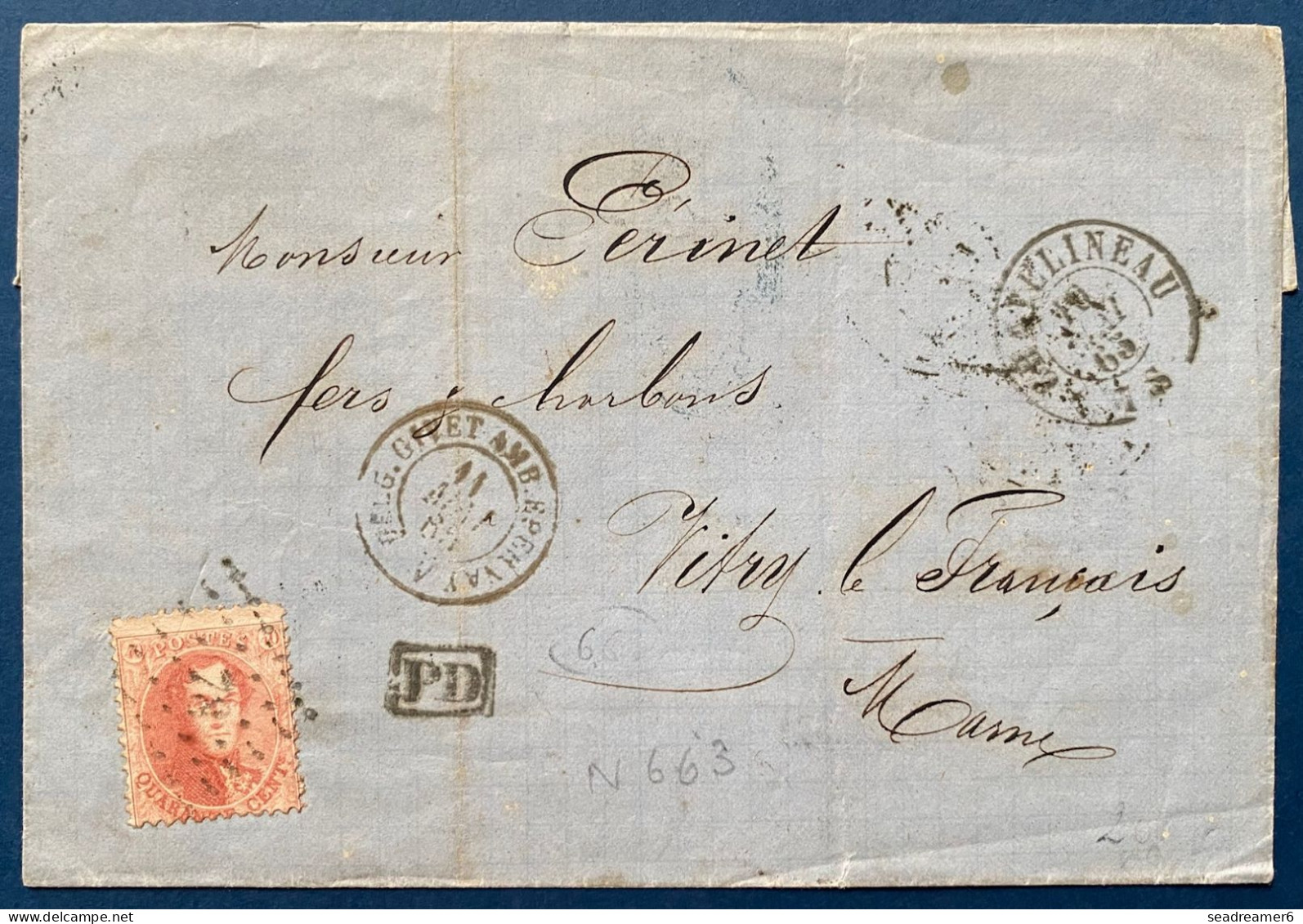 LETTRE N°16C 40c Rouge Oblit GC N°78 De CHATELINEAU + Càd Entrée " BELG.GIV./ AMB.EPERNAY A " Pour  VITRY LE FRANCOIS - 1863-1864 Medaillen (13/16)