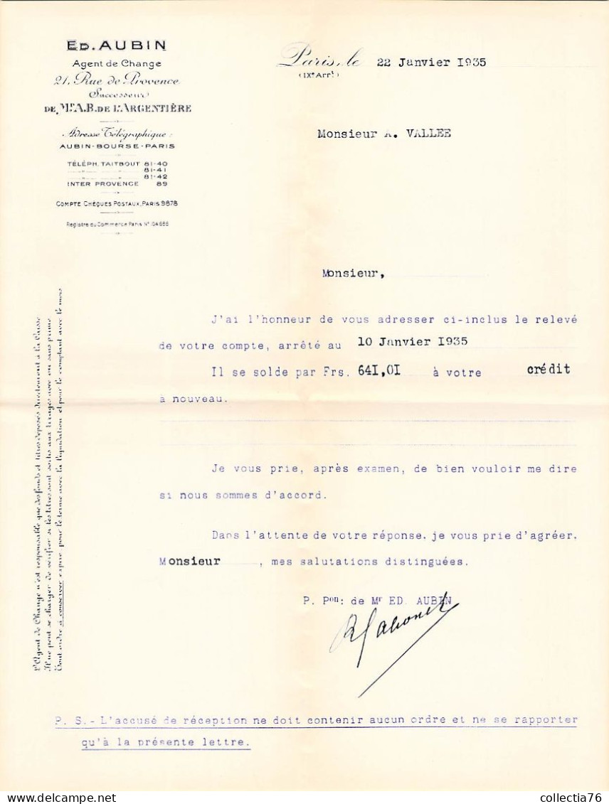 VIEUX PAPIERS 75 PARIS ED AUBIN AGENT DE CHANGE RELEVE DE COMPTE 1935 - Banco & Caja De Ahorros