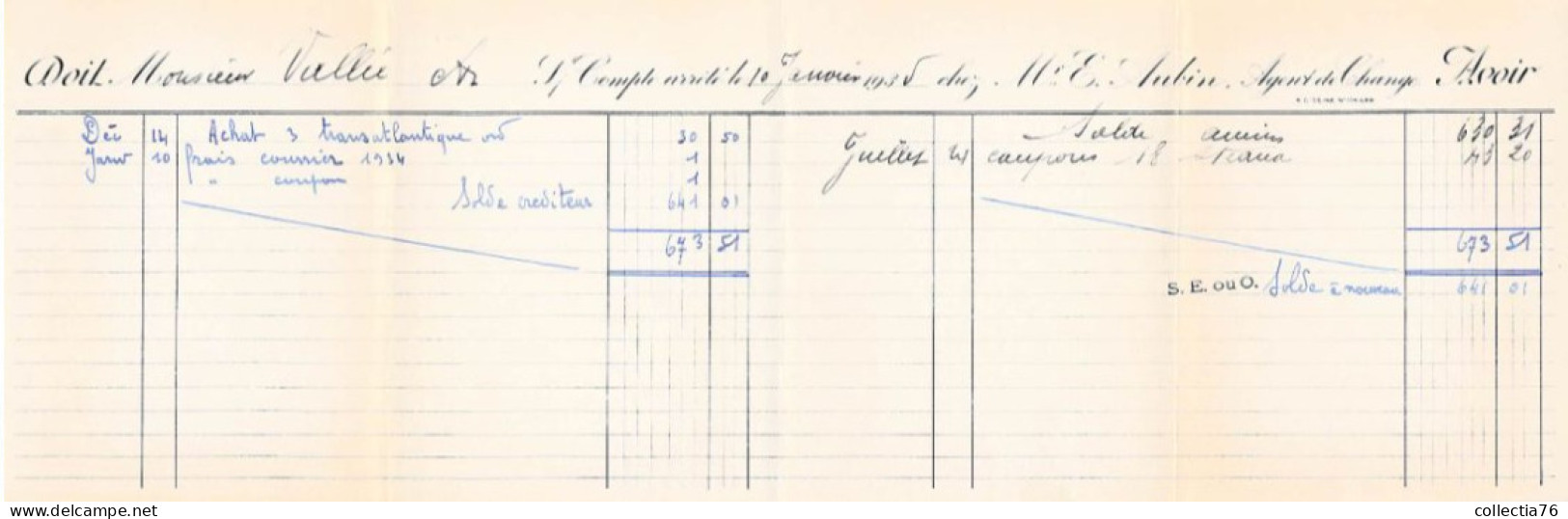 VIEUX PAPIERS 75 PARIS ED AUBIN AGENT DE CHANGE RELEVE DE COMPTE 1935 - Banque & Assurance