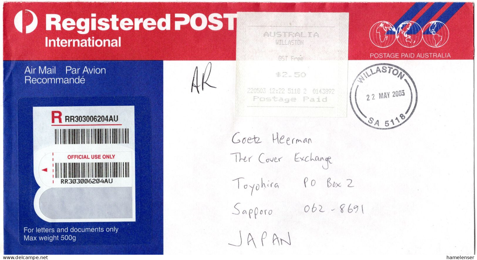 L73315 - Australien - 2003 - "P.P." R-LpGAUmschlag WILLASTON -> Japan - Storia Postale