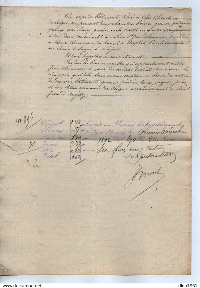 VP22.760 - SAINT JEAN D'ANGELY - 2 Actes De 1882 / 92 - M. MICHEAU, Juge De Paix à BRIOUX Contre CLEMENCEAU à SEIGNE - Manuscrits