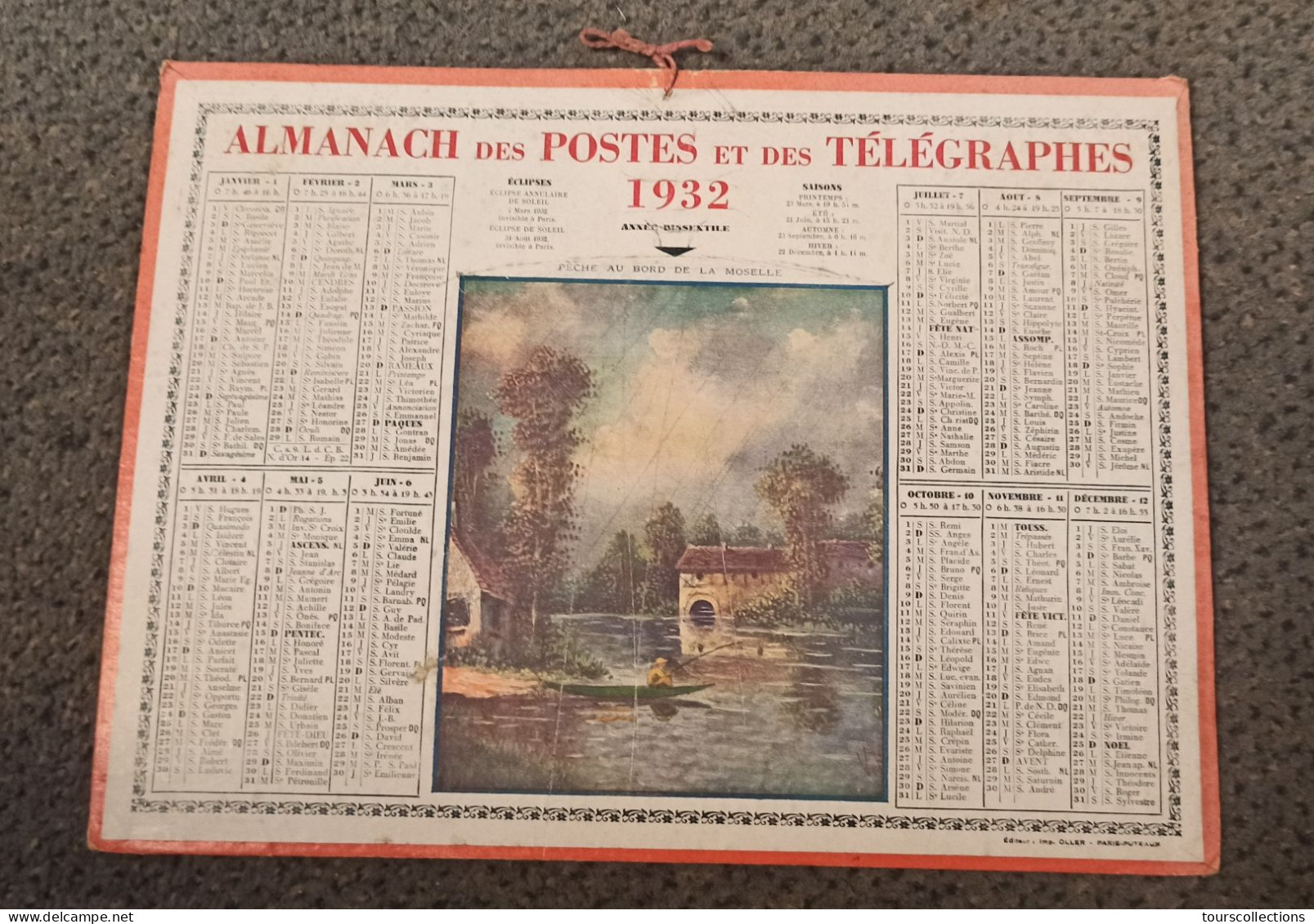 CALENDRIER 1932 POSTES PTT Maine Et Loire 49 - Illustration  Pêche Au Bord De La Moselle 57 - OLLER Paris Puteaux - Tamaño Grande : 1921-40